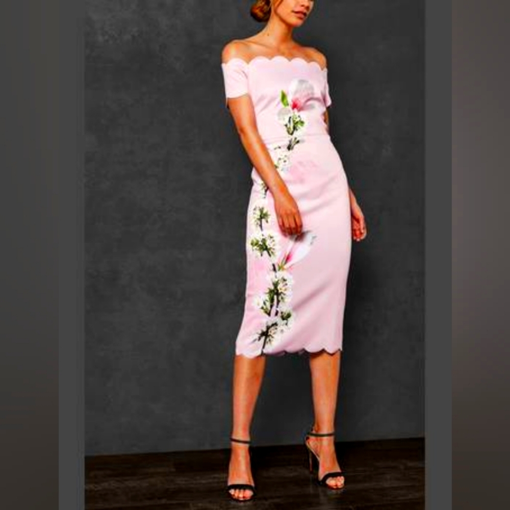 Ted Baker London Pink Floral Off-Shoulder Midi Dress